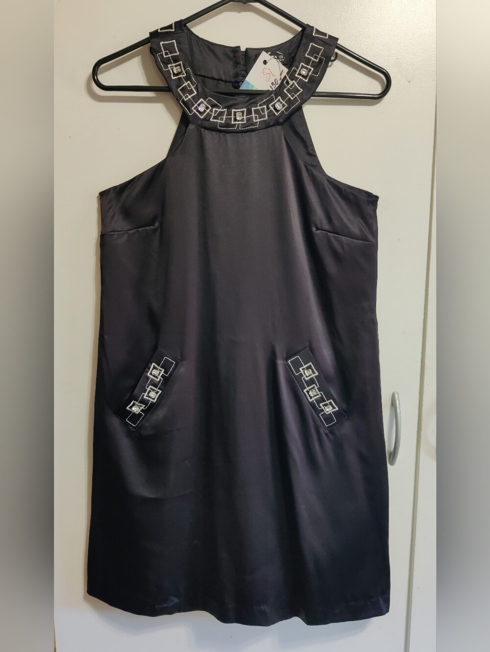 100% Silk Black Embellished Halter Dress✨